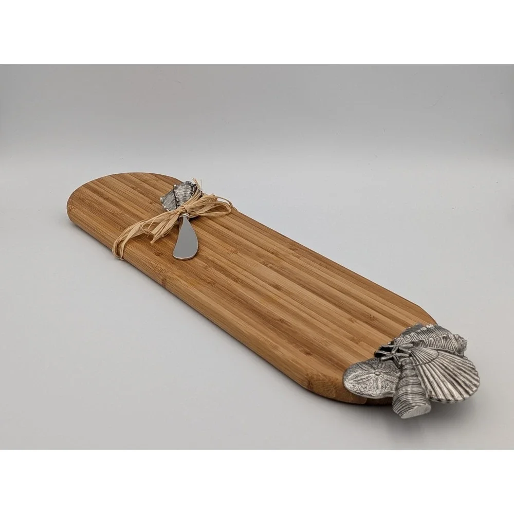 Bamboo & Pewter Cheese/Cutting Board Gift Set, Seashells /Coastal - Mud Pie Co.